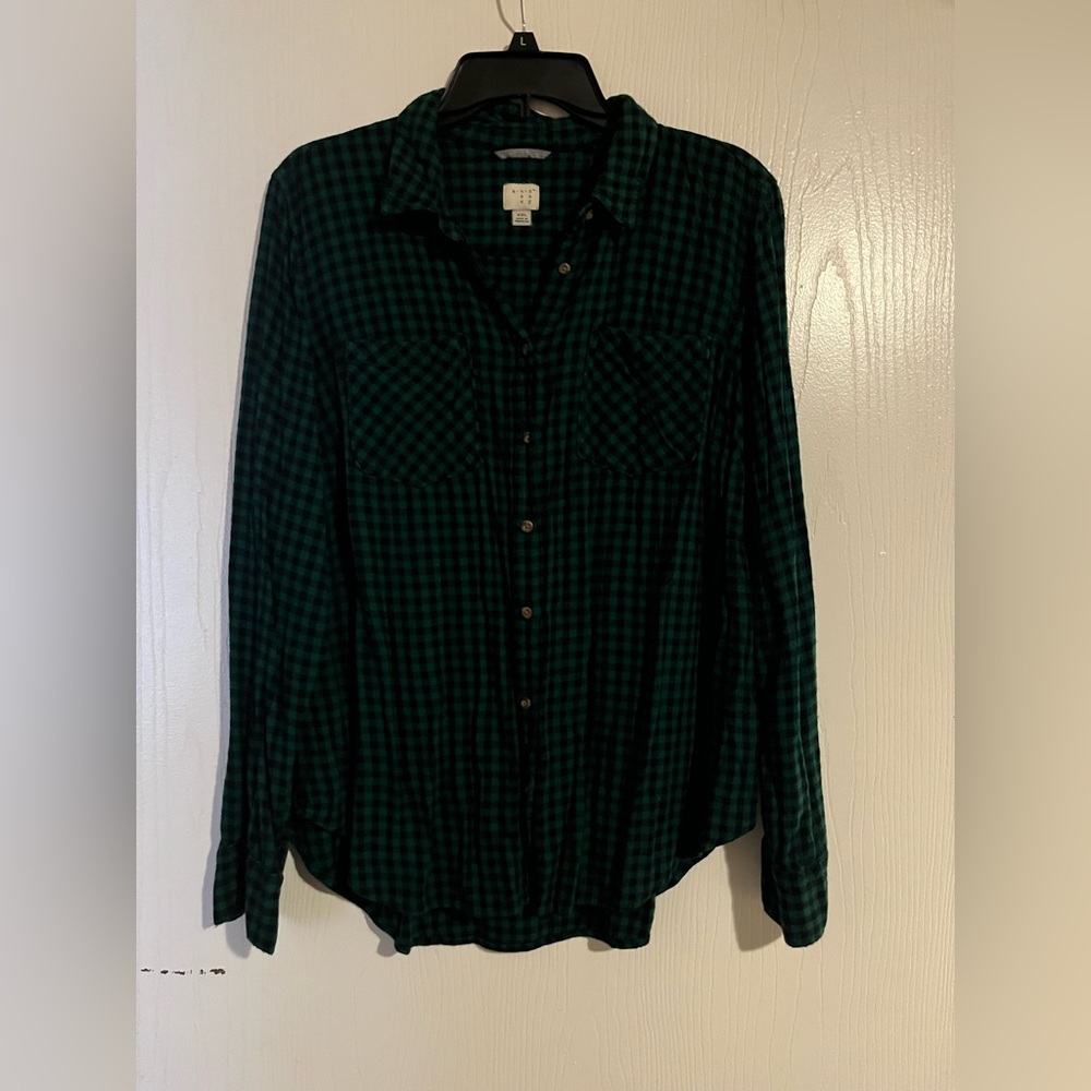 A New Day Green and Black Plaid Button Down Shirt